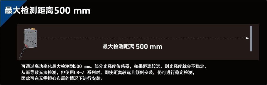 [最大检测距离500 mm] 可通过高功率化最大检测到500 mm。部分光强度传感器，如果距离较远，则光强度就会不稳定，从而导致无法检测，但使用LR-Z 系列时，即使距离较远且倾斜安装，仍可进行稳定检测，因此可在无需担心布局的情况下进行安装。